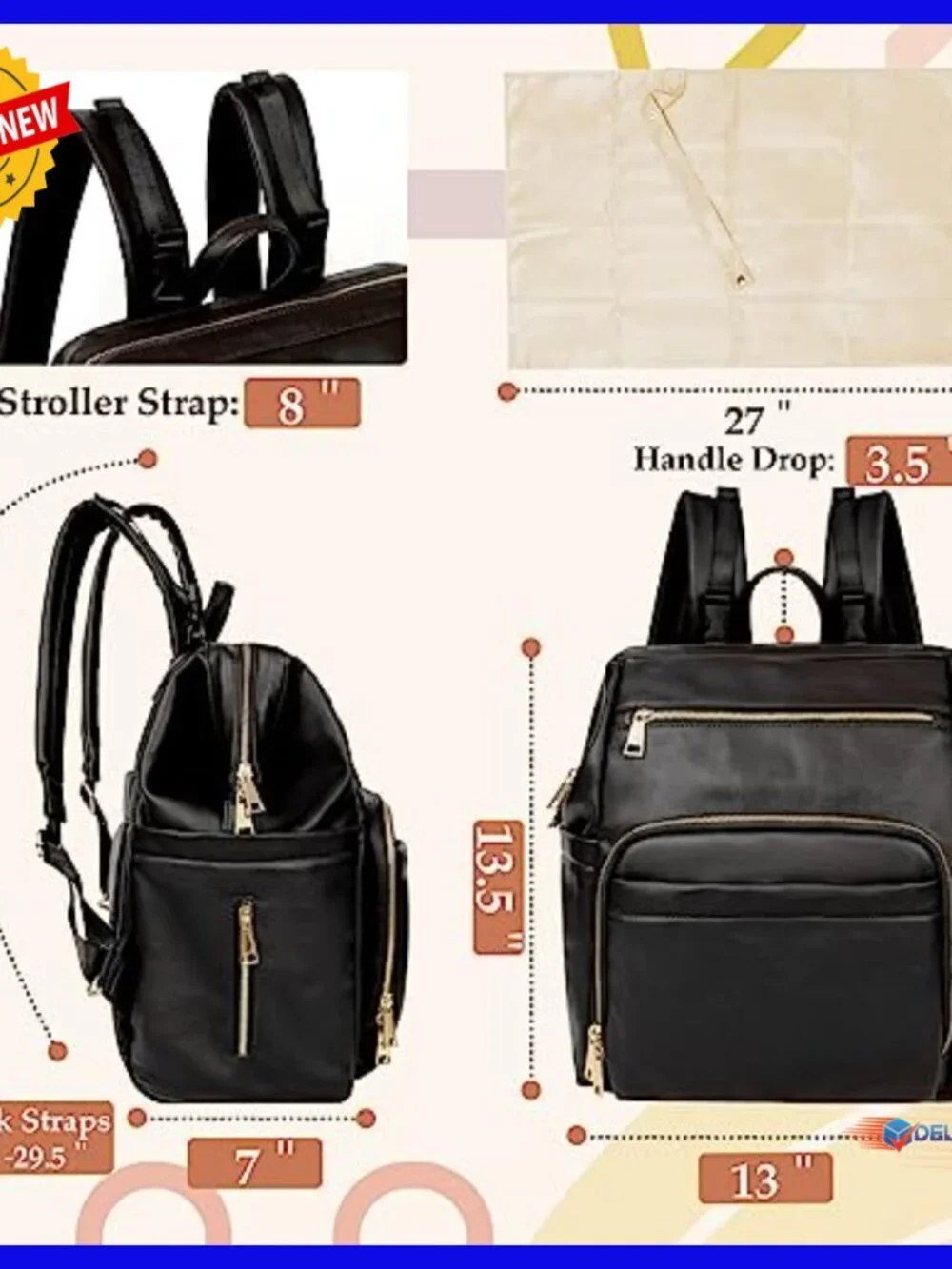 Large Leather Diaper Backpack with 18 Pockets, USB Port, Changing Pad